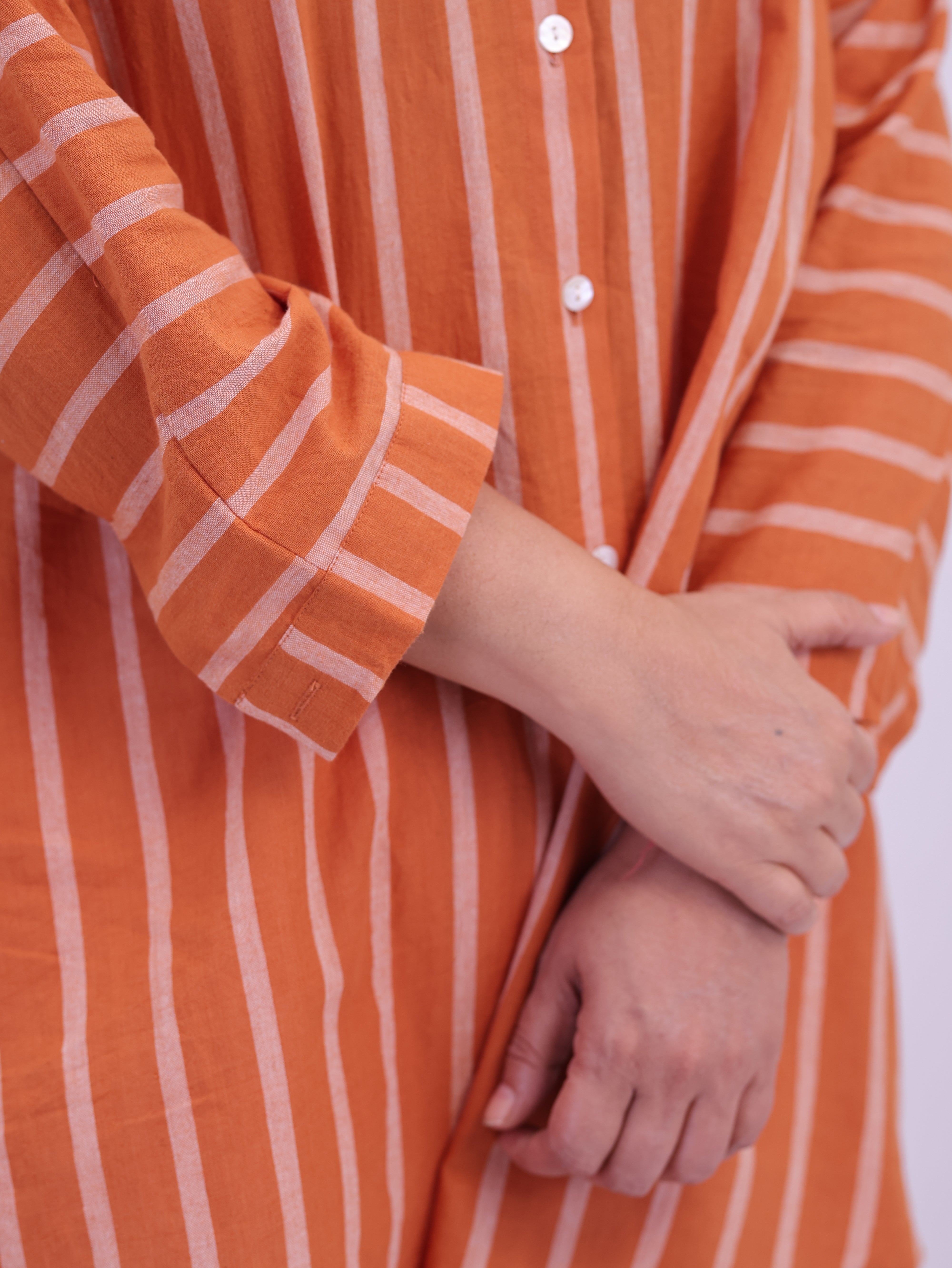 "Rumi" handloom cotton Jamdani Kurta Mustard and White Stripes