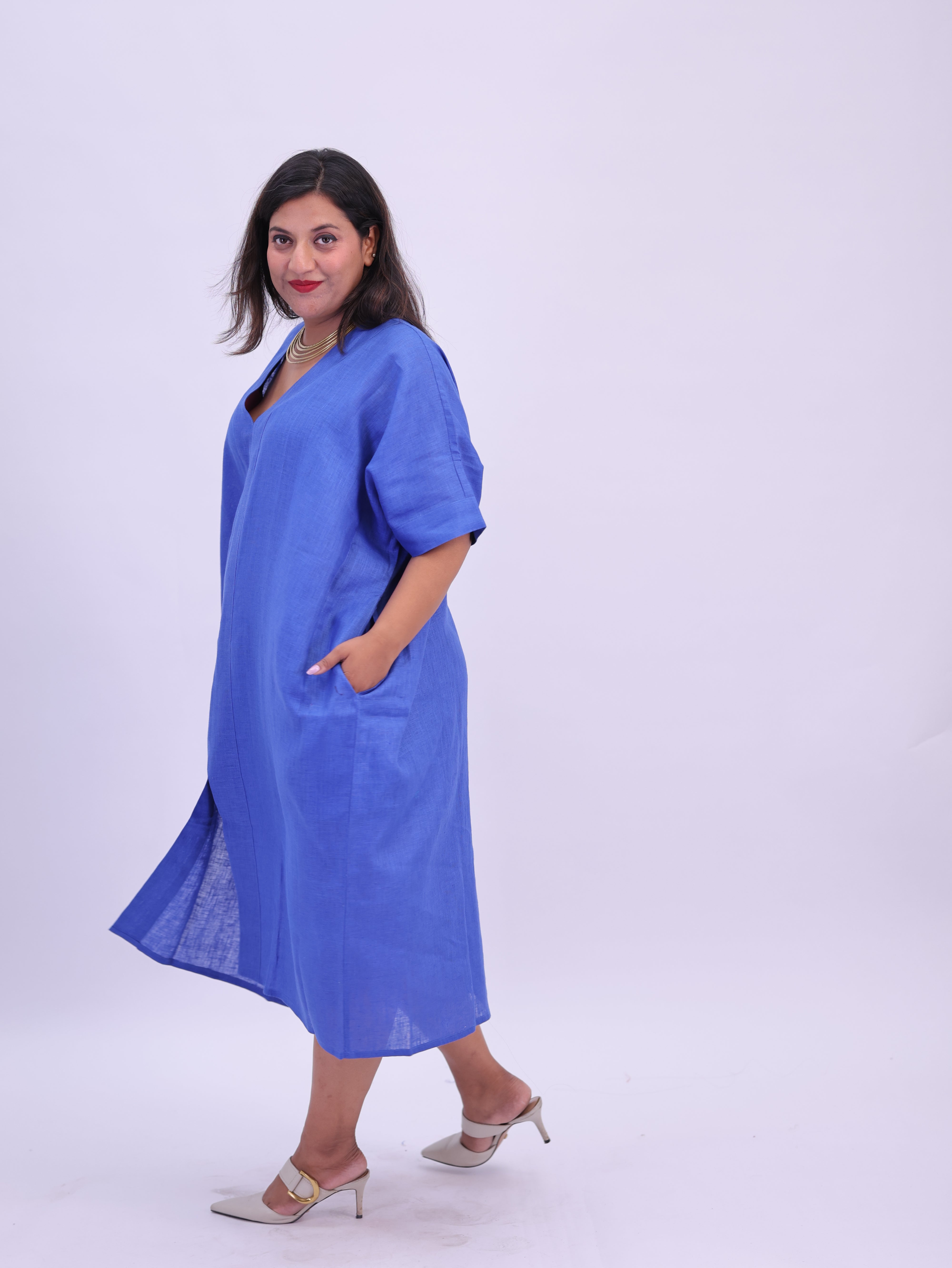 Saba Pure Linen Kaftan Dress - Royal Blue