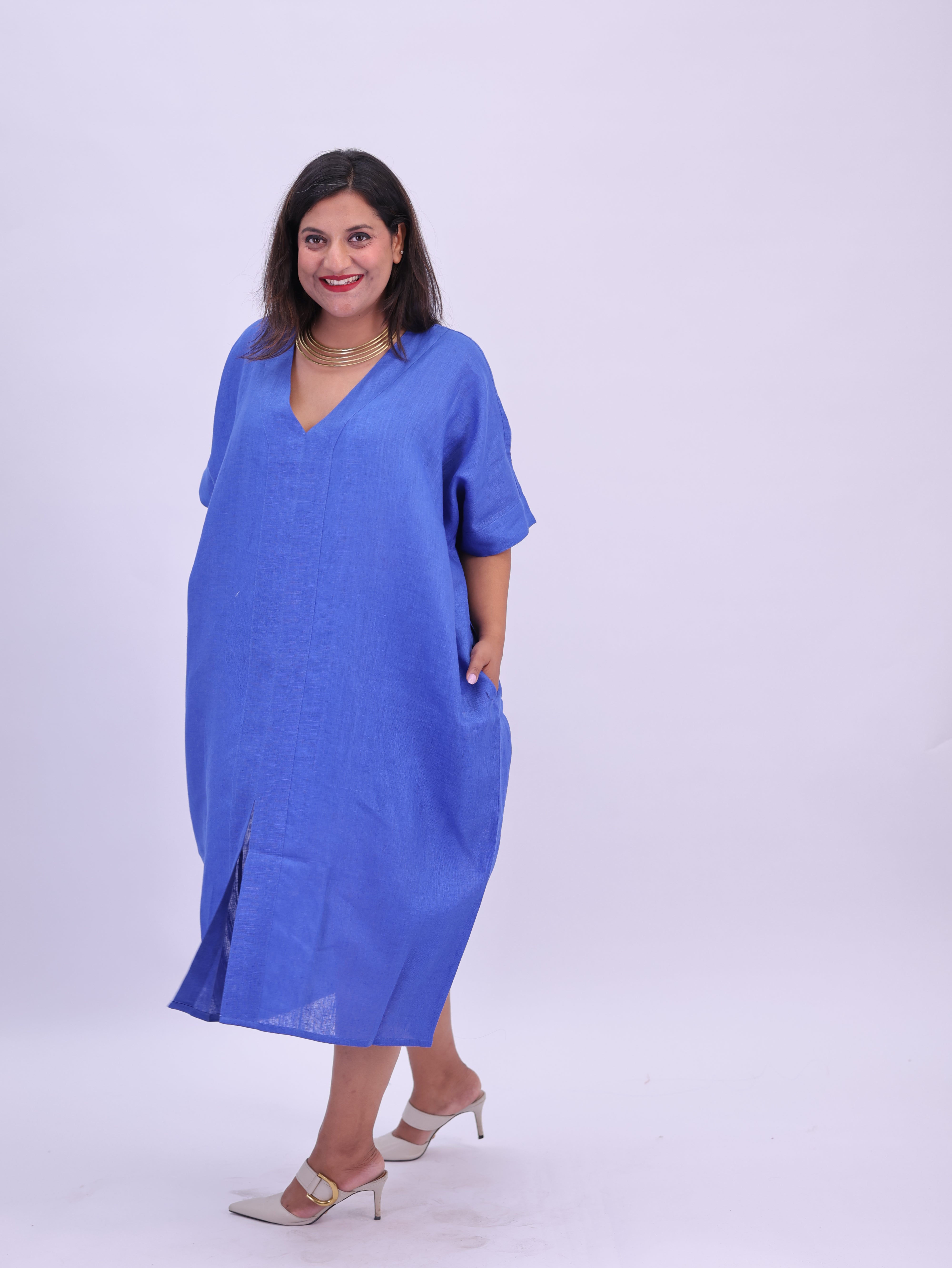 Saba Pure Linen Kaftan Dress - Royal Blue