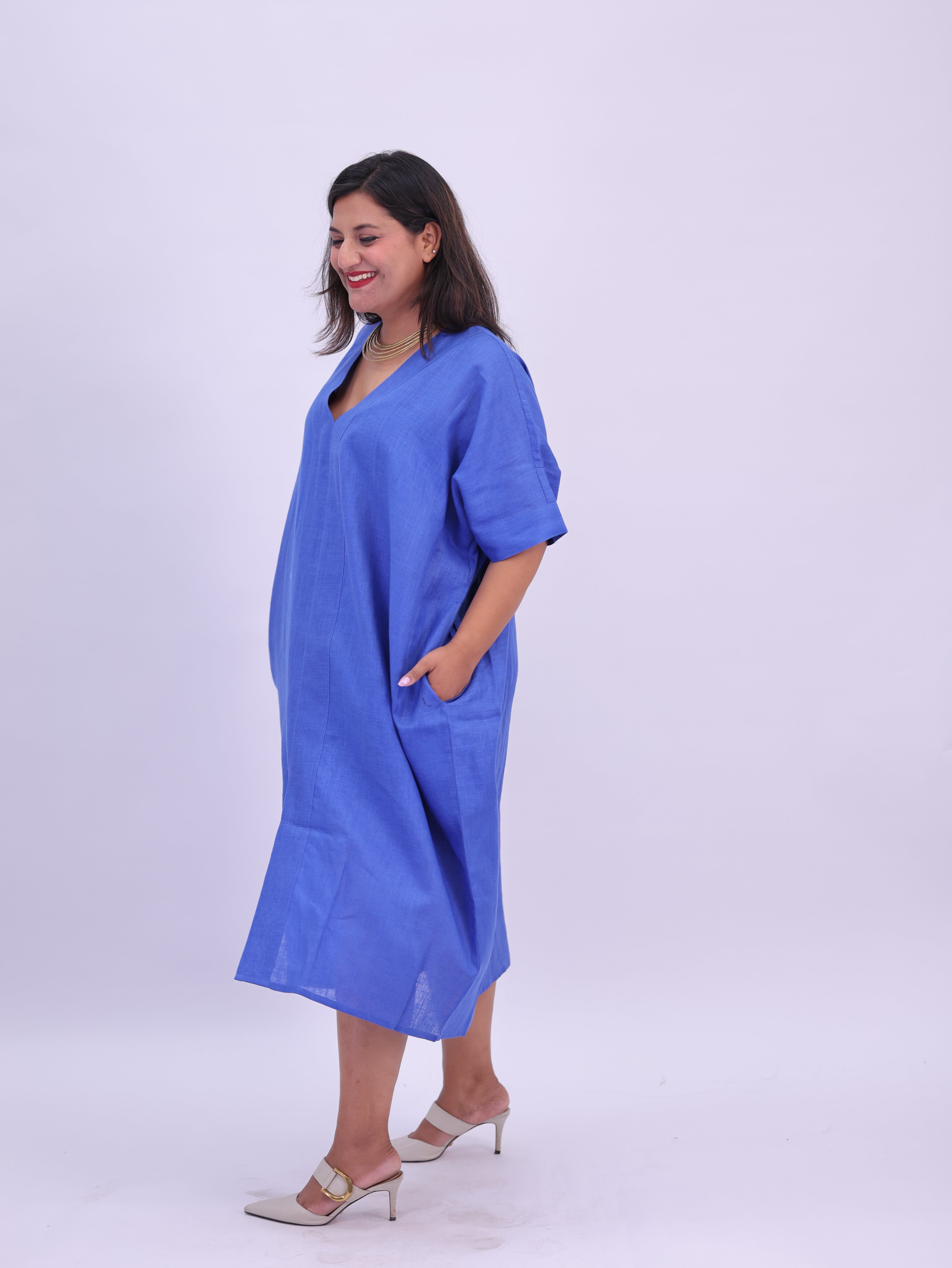 Saba Pure Linen Kaftan Dress - Royal Blue