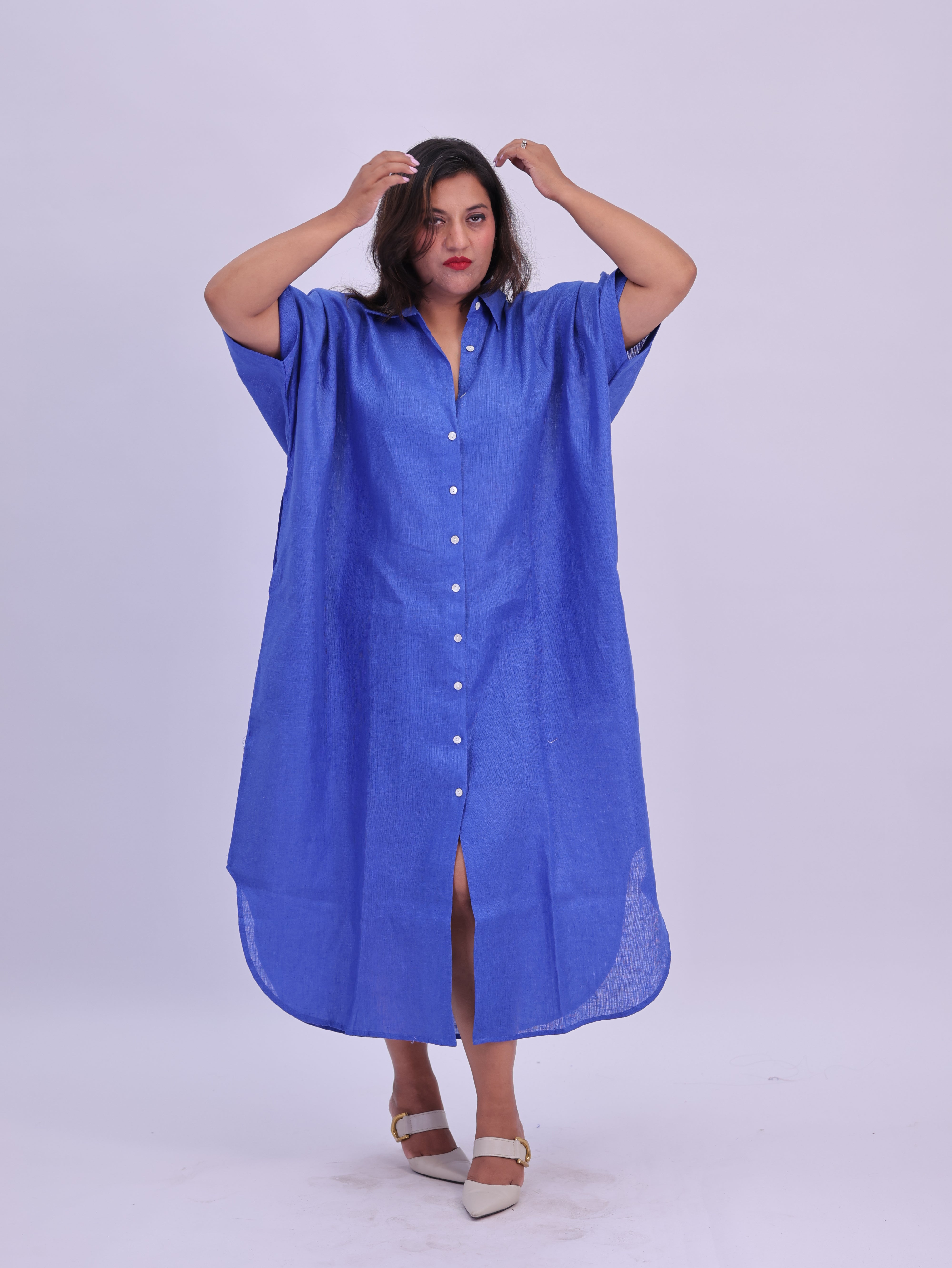 Samah Shirt Style Pure Linen Dress - Royal Blue