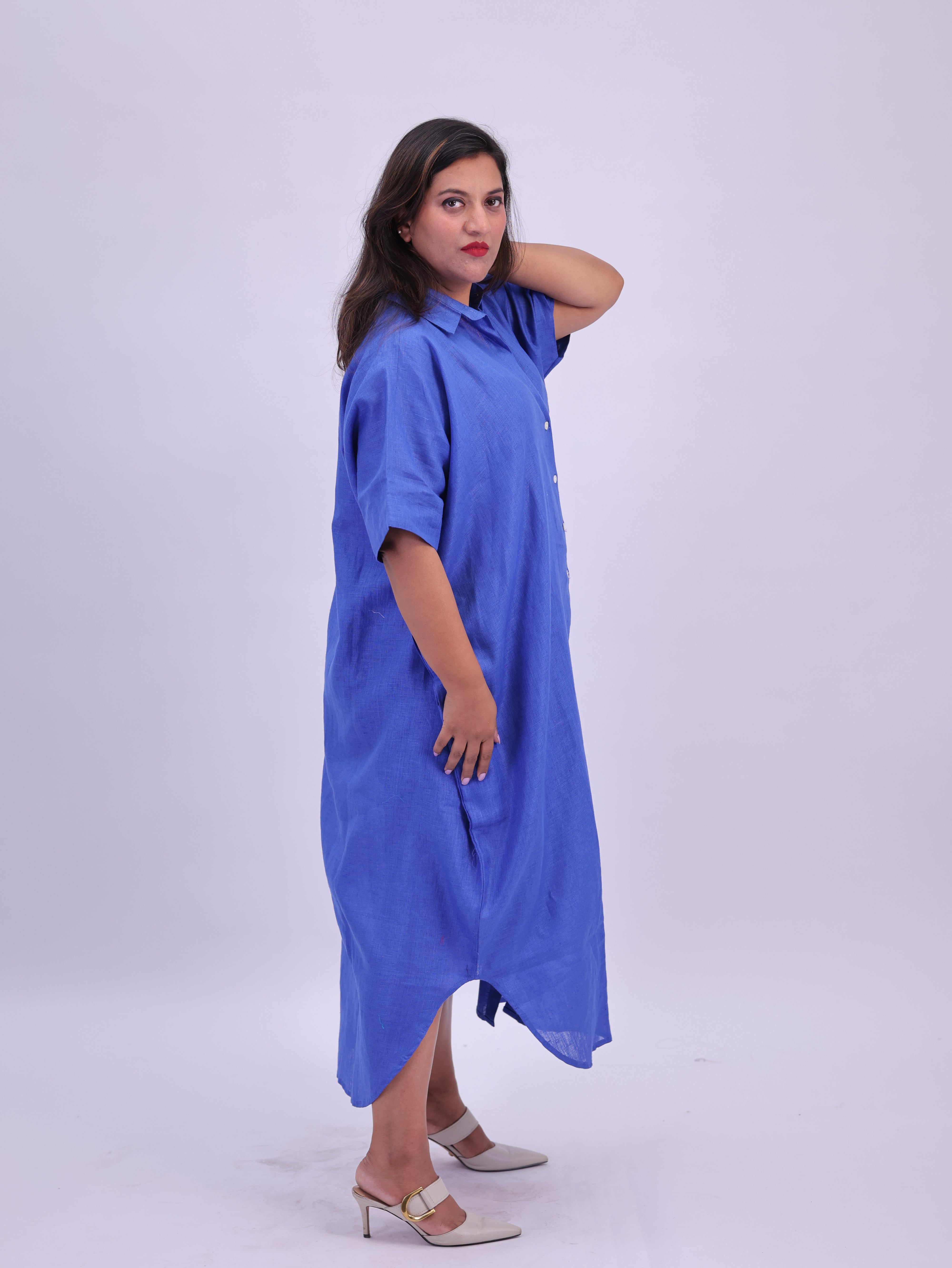 Samah Shirt Style Pure Linen Dress - Royal Blue