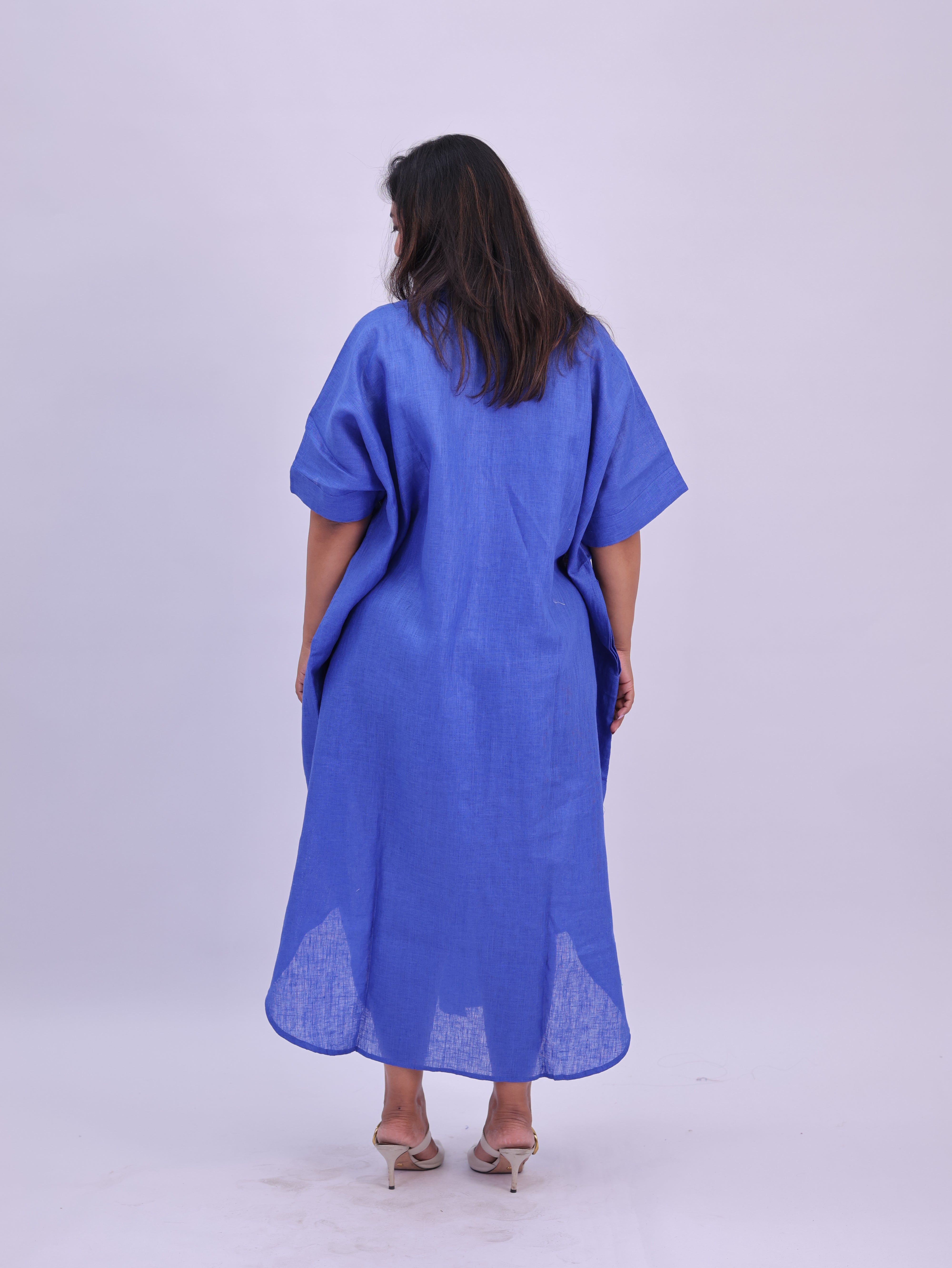 Samah Shirt Style Pure Linen Dress - Royal Blue