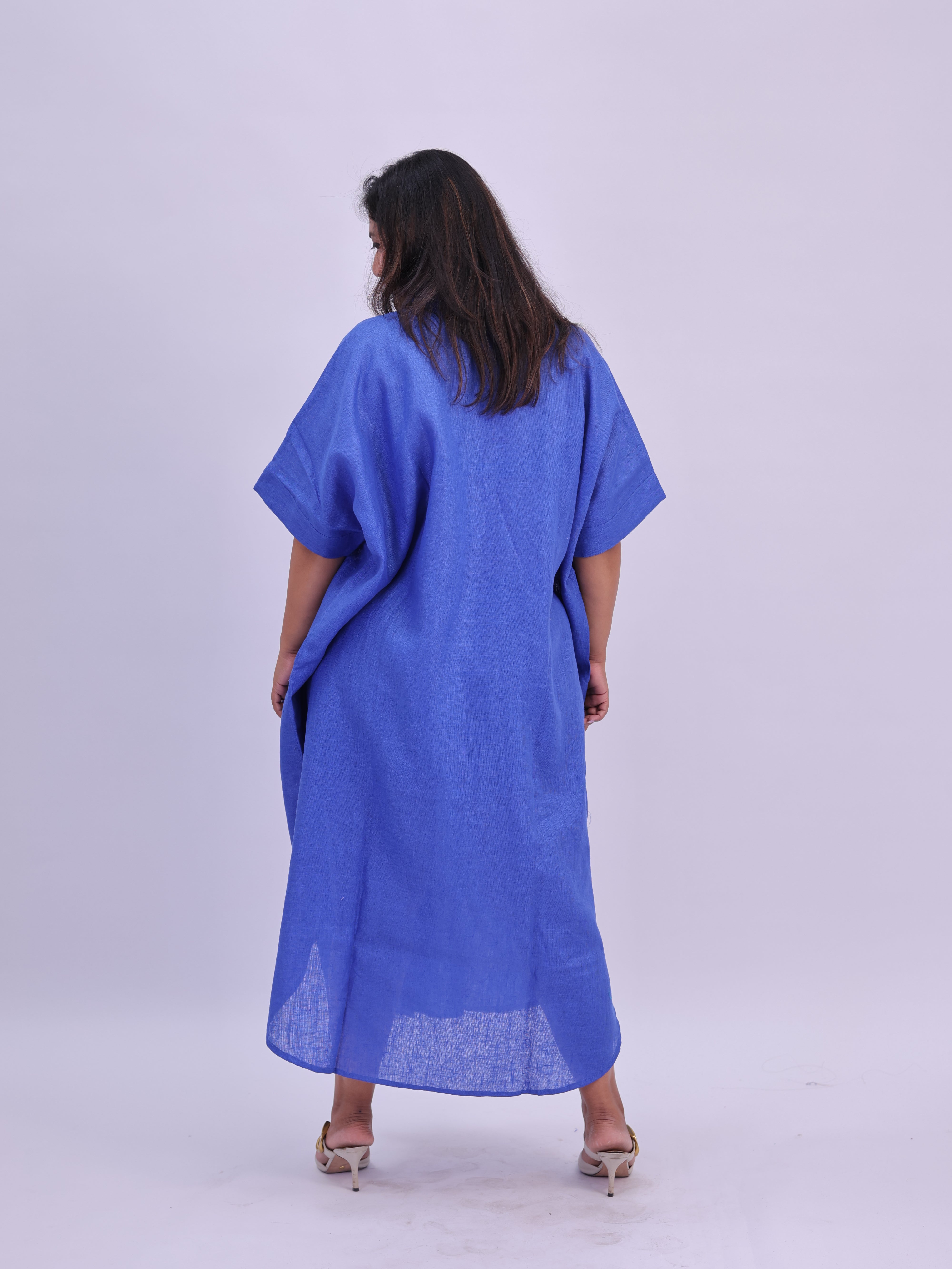 Samah Shirt Style Pure Linen Dress - Royal Blue