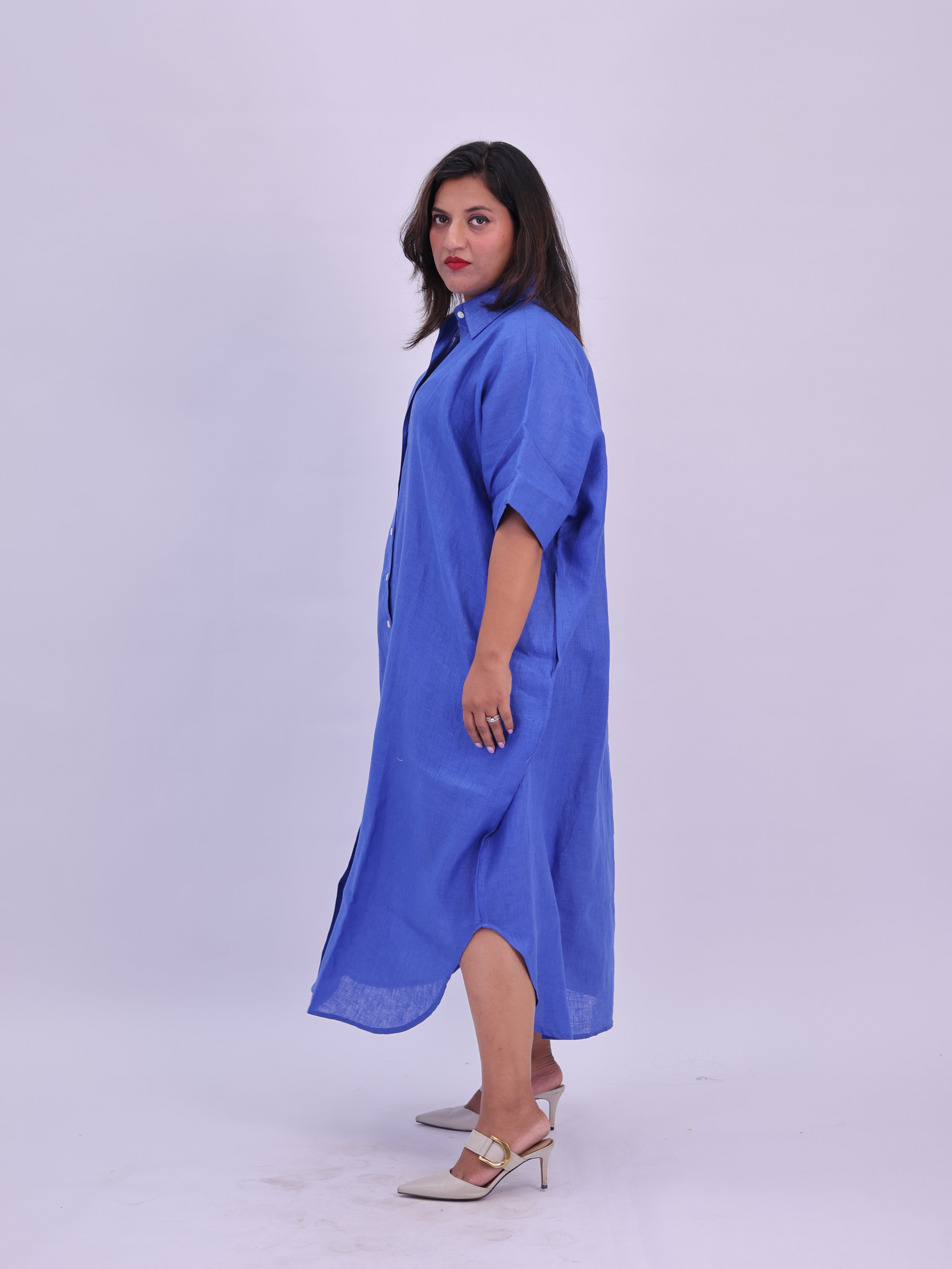 Samah Shirt Style Pure Linen Dress - Royal Blue