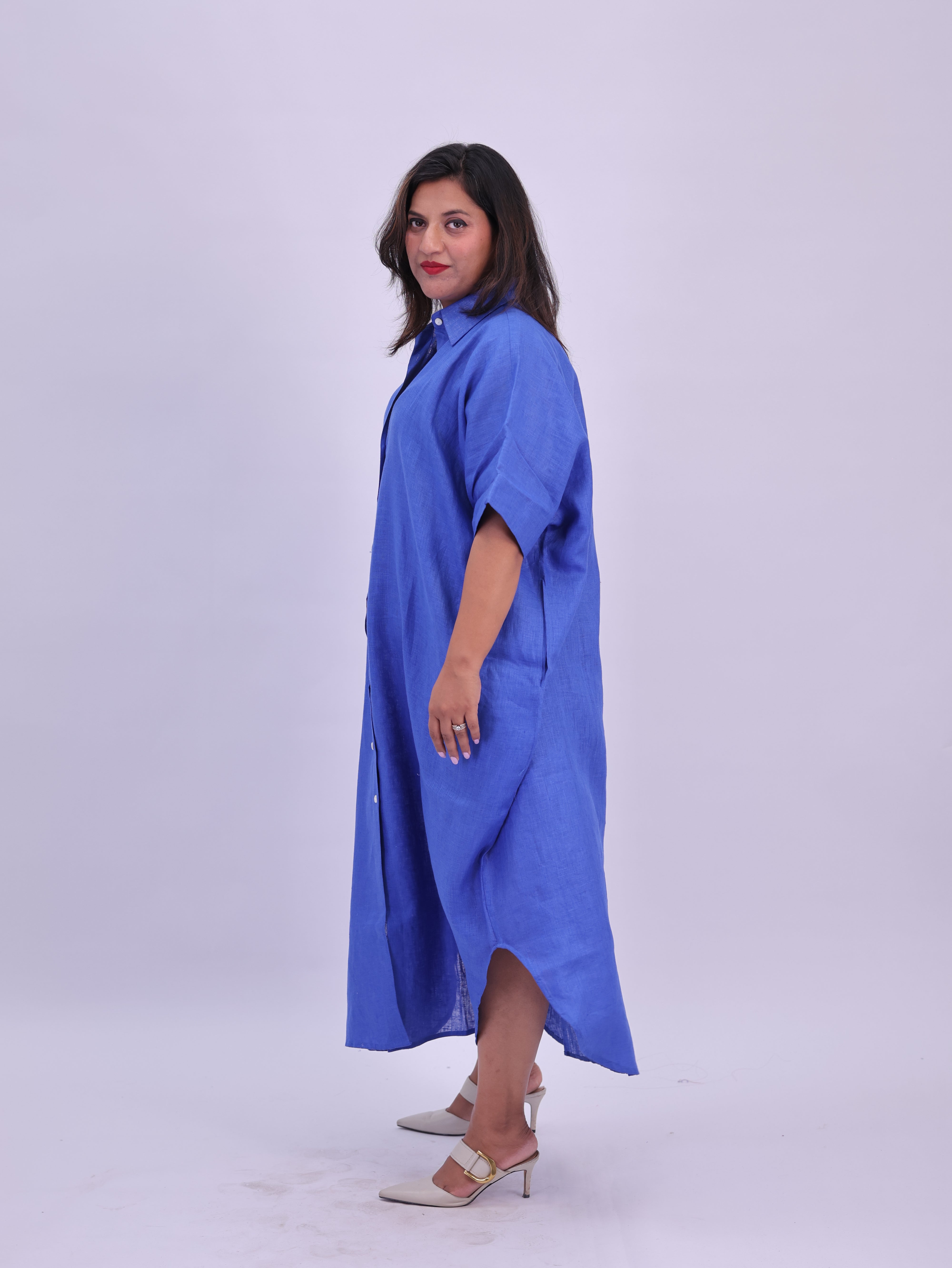 Samah Shirt Style Pure Linen Dress - Royal Blue