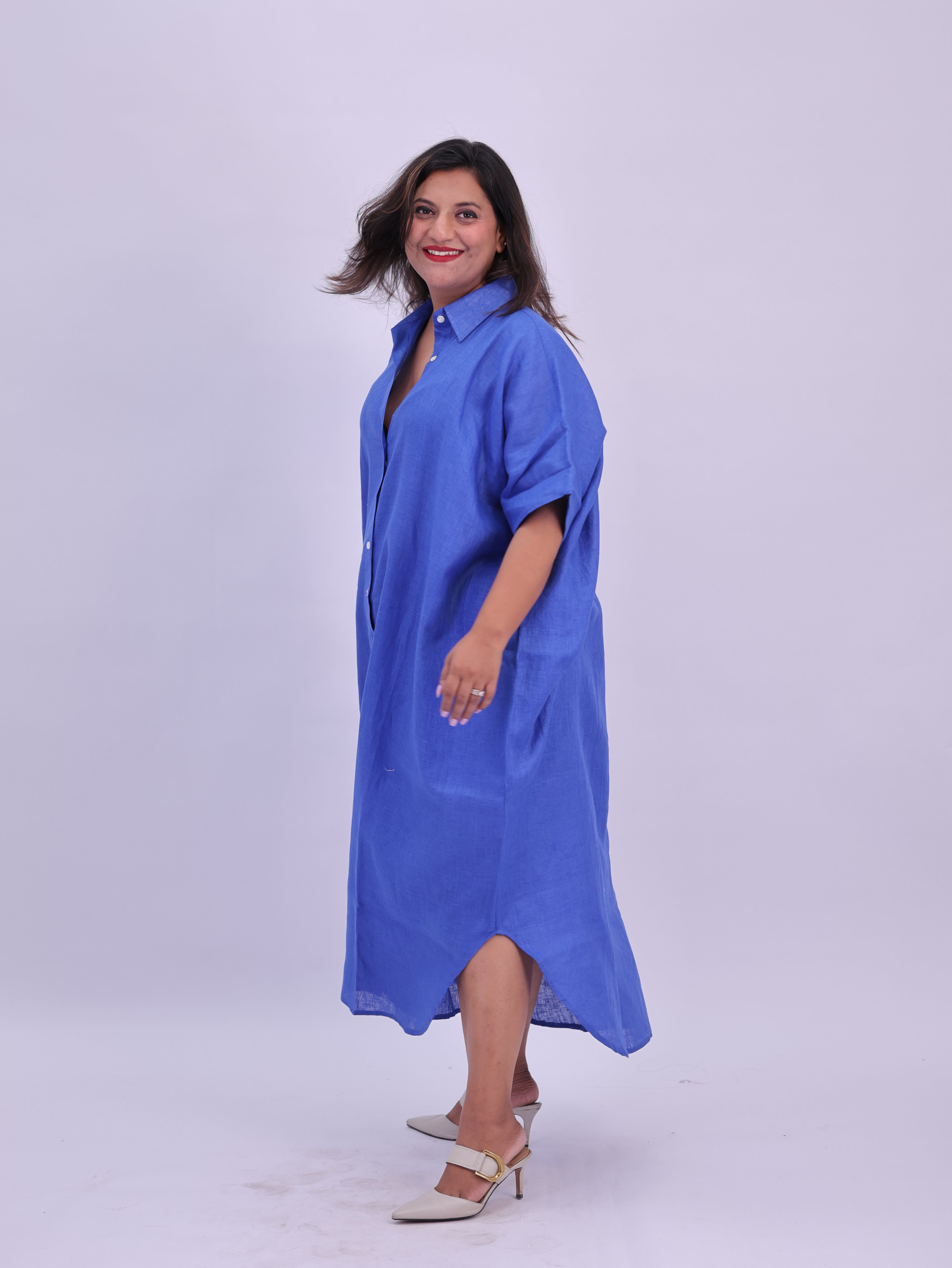 Samah Shirt Style Pure Linen Dress - Royal Blue