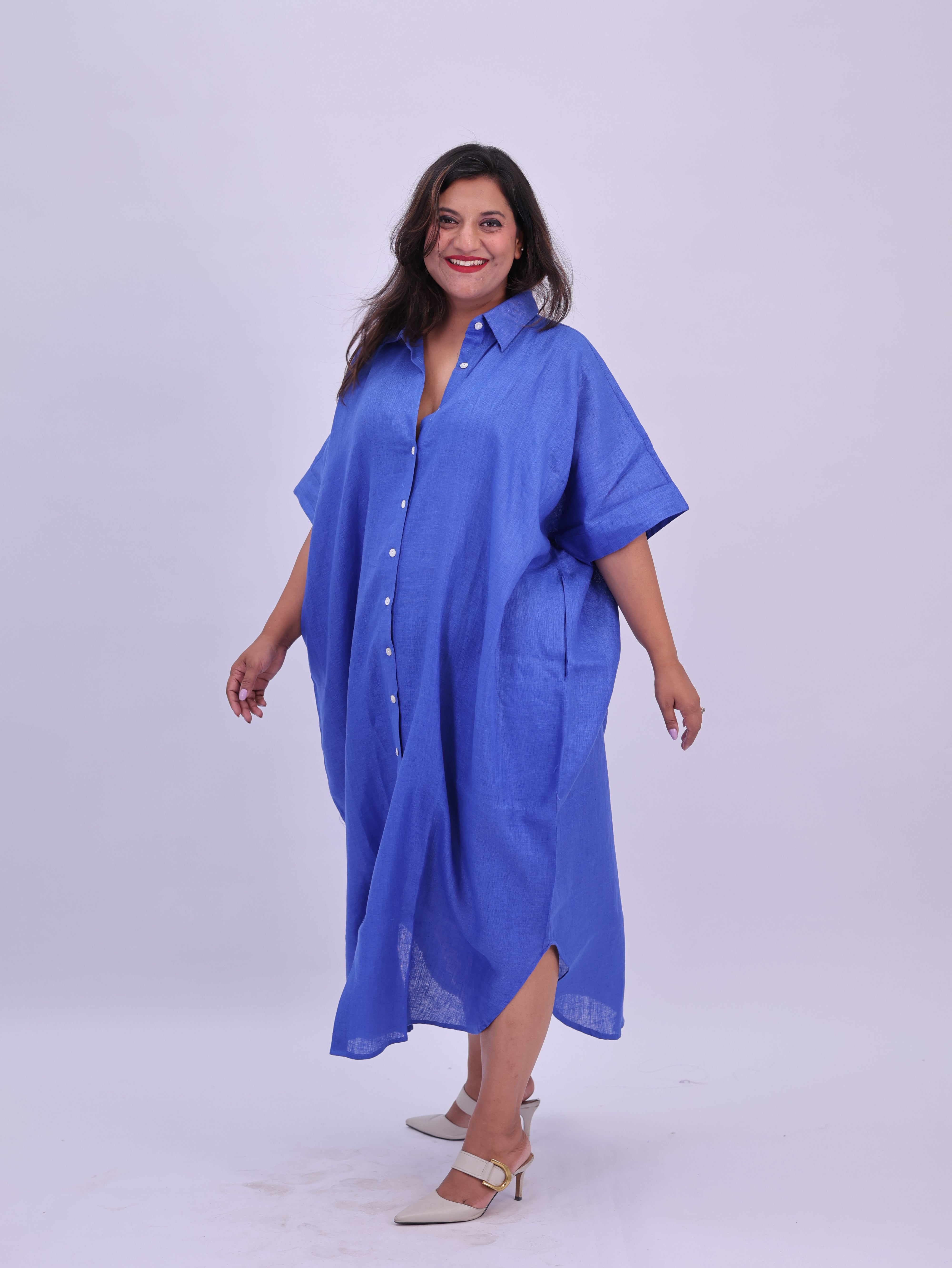 Samah Shirt Style Pure Linen Dress - Royal Blue