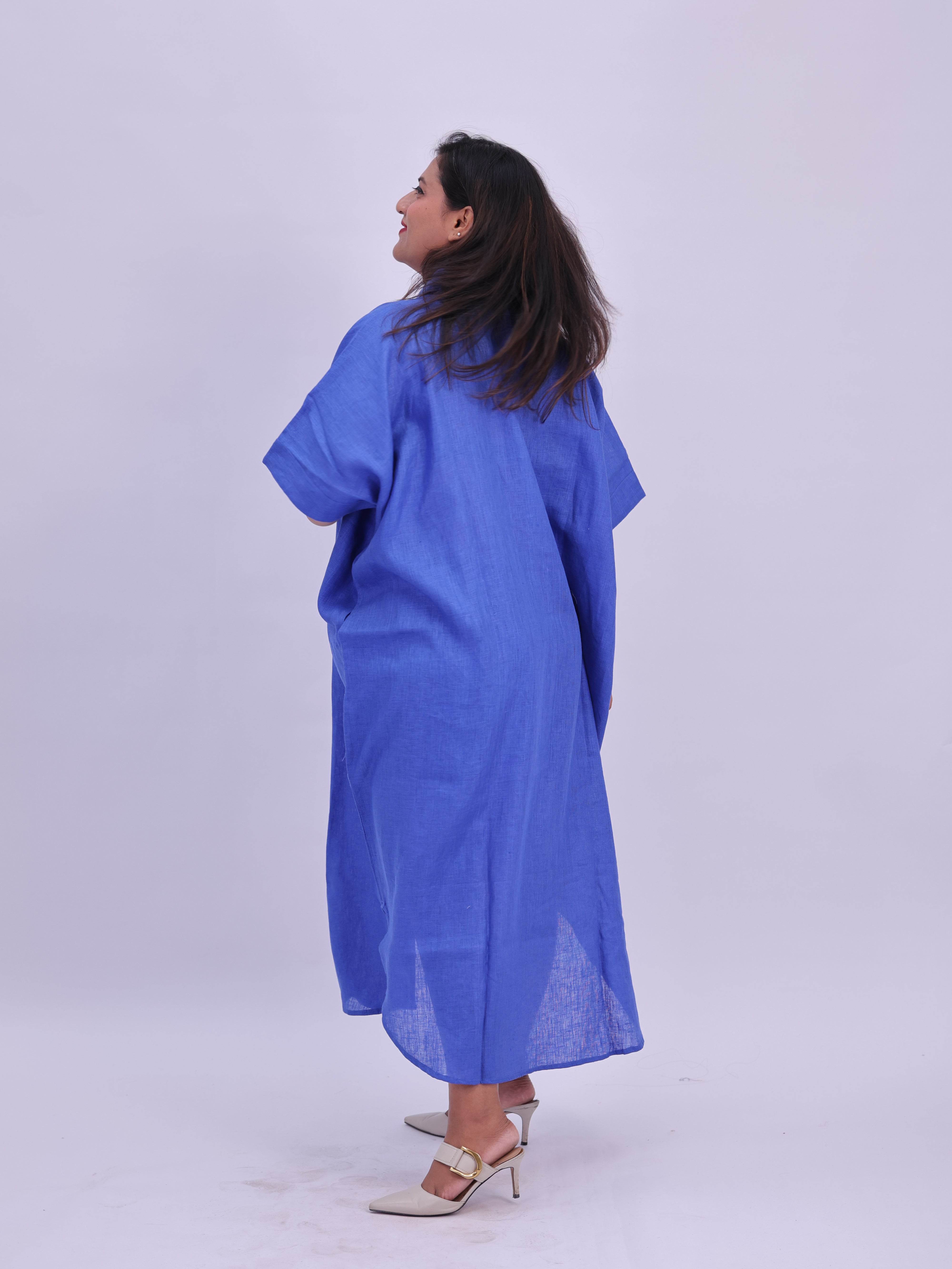 Samah Shirt Style Pure Linen Dress - Royal Blue