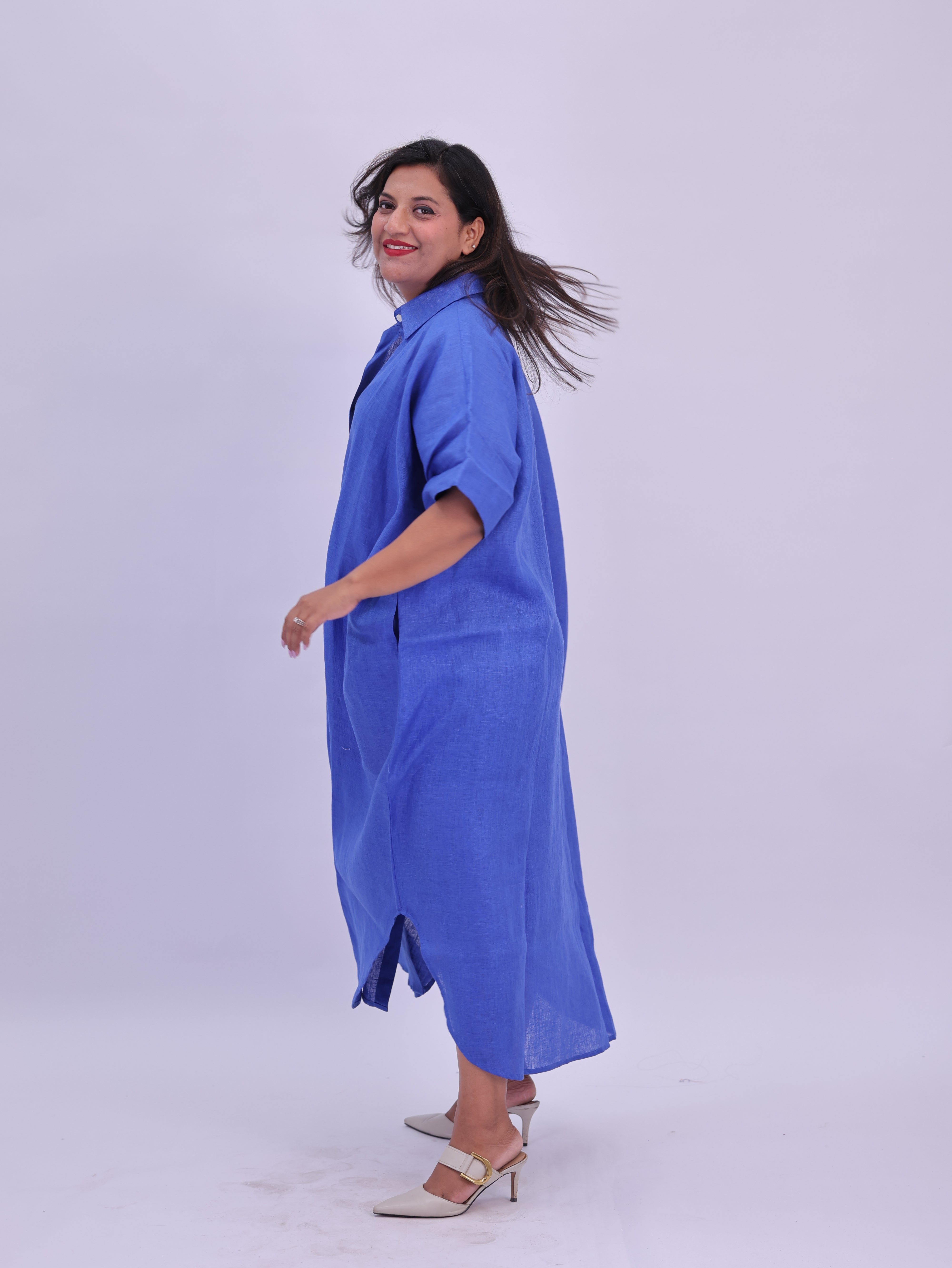 Samah Shirt Style Pure Linen Dress - Royal Blue