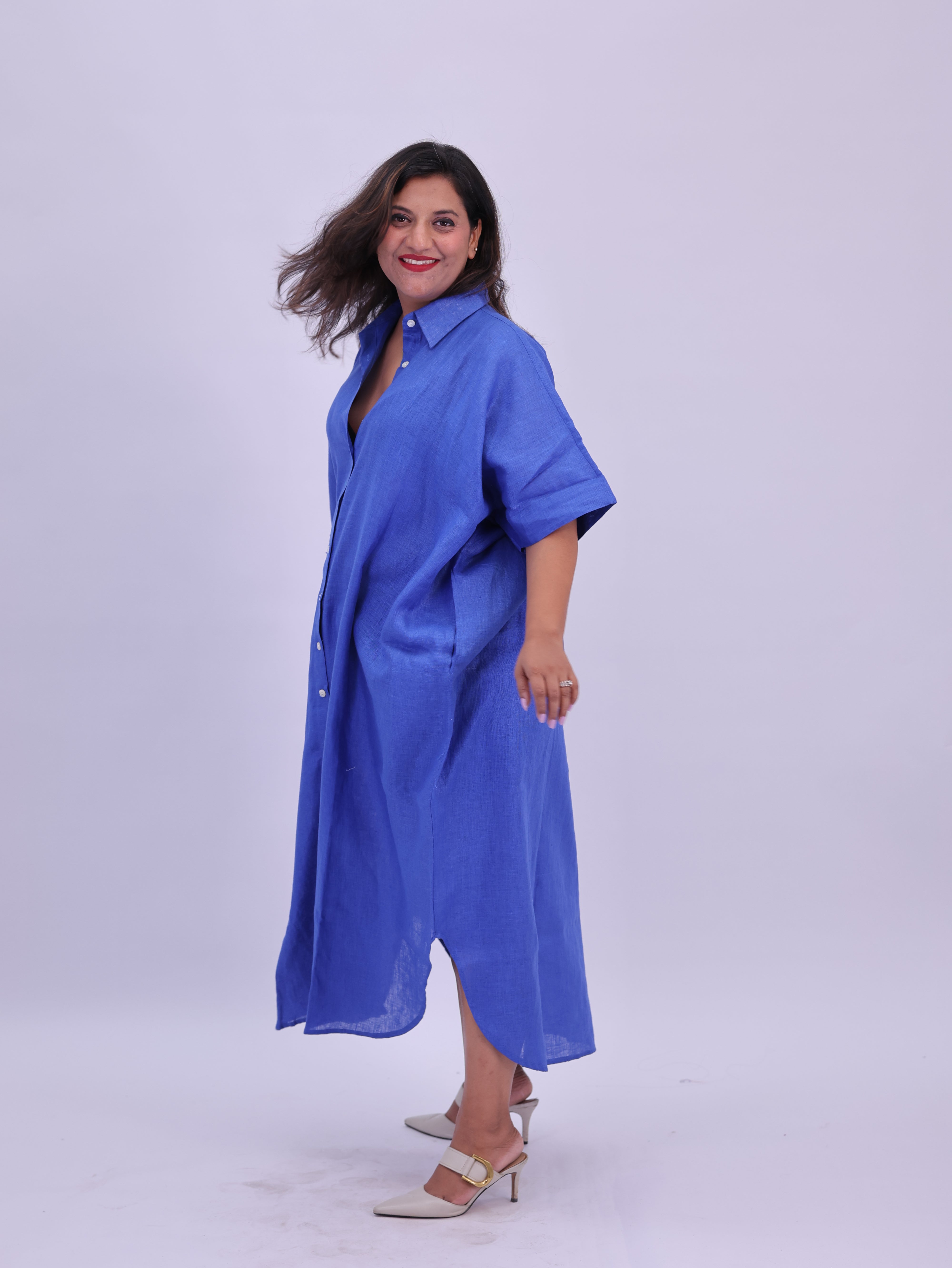 Samah Shirt Style Pure Linen Dress - Royal Blue