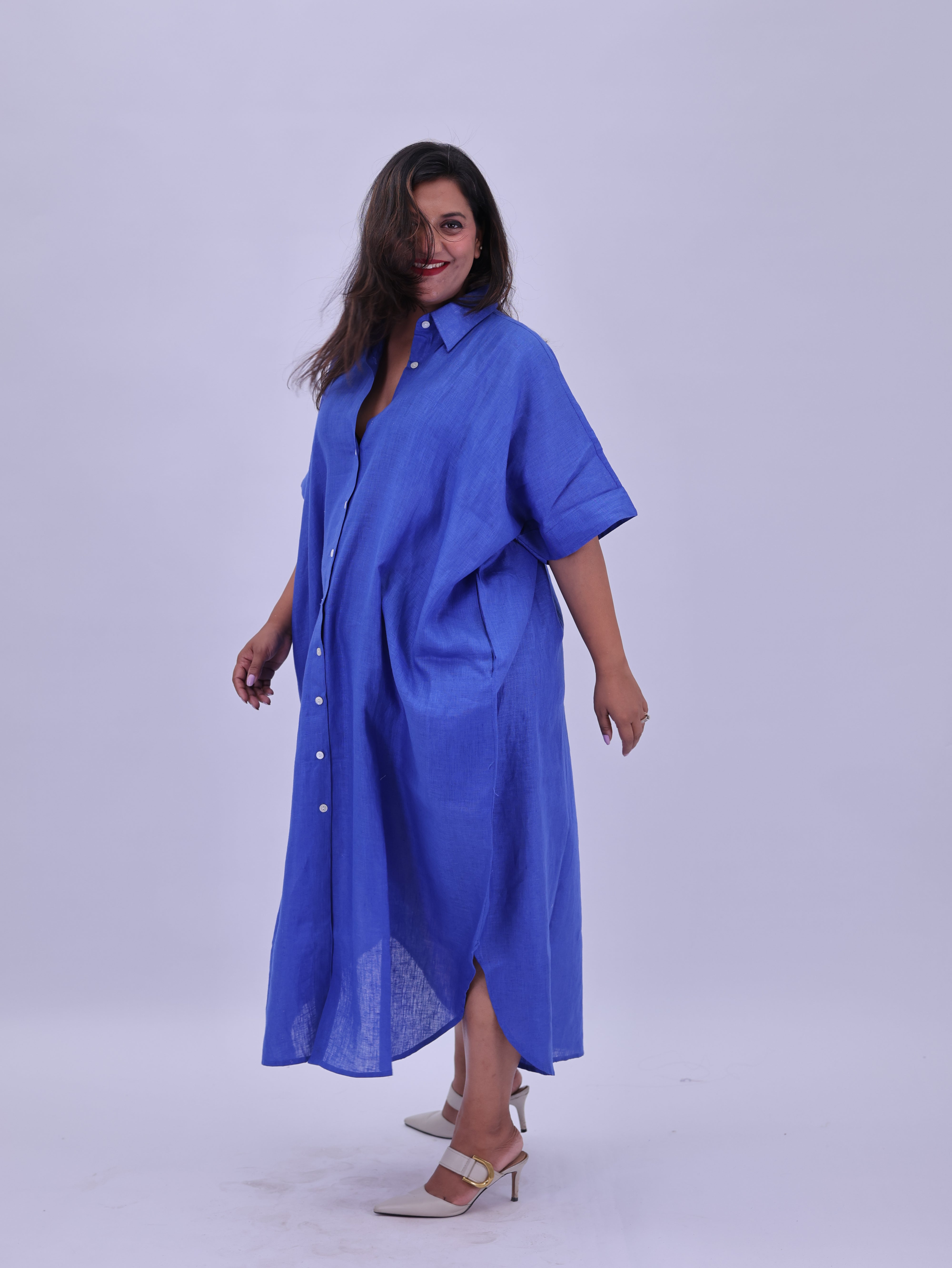 Samah Shirt Style Pure Linen Dress - Royal Blue