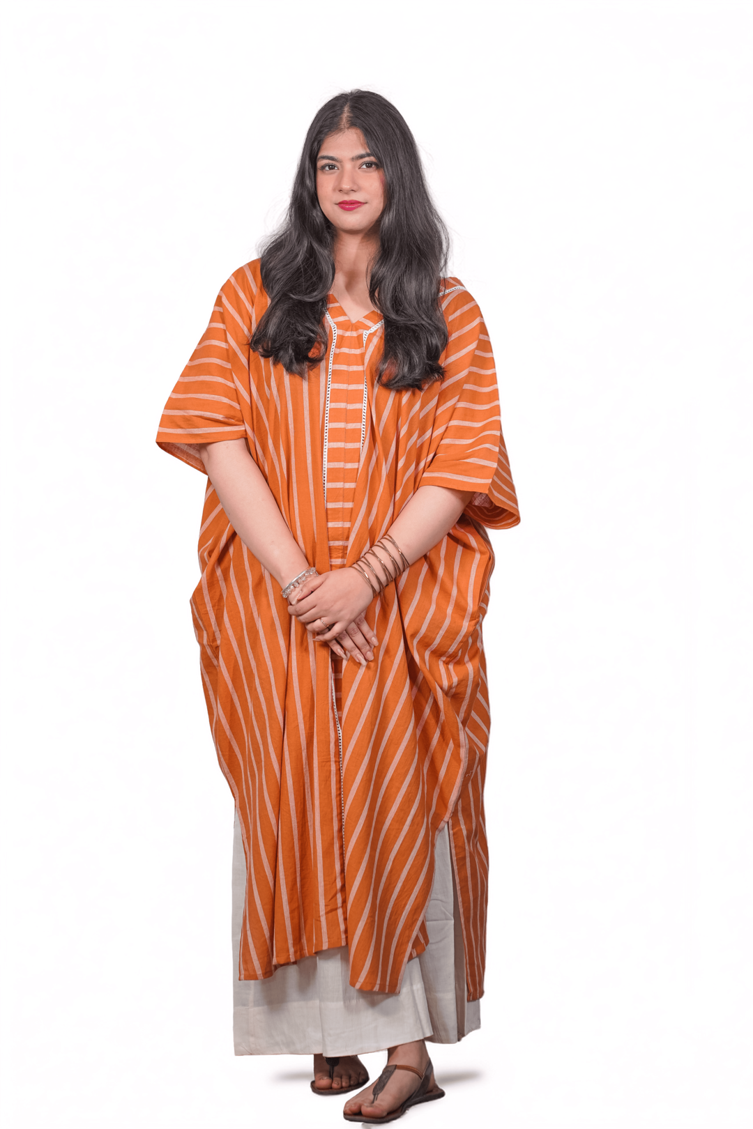 "Rumi" Kaftan Mustard and White Stripes