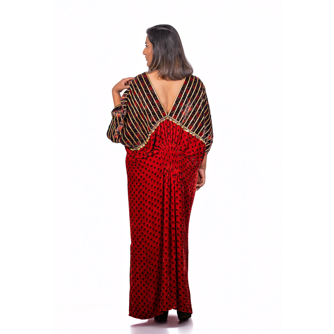 Mermaid Kaftan in Pure Silk Velvet Red