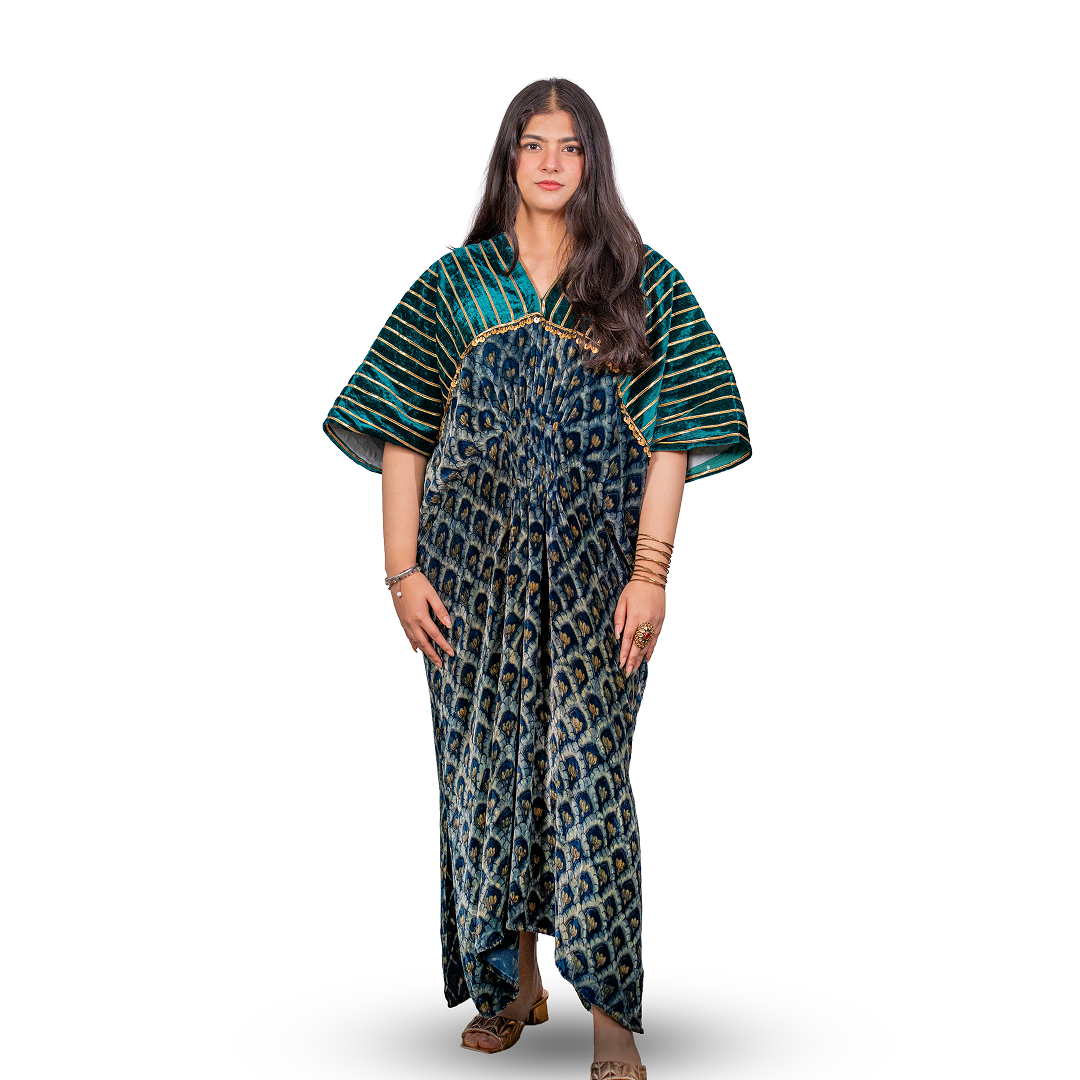 Mermaid Kaftan in Pure Silk Velvet Green Printed