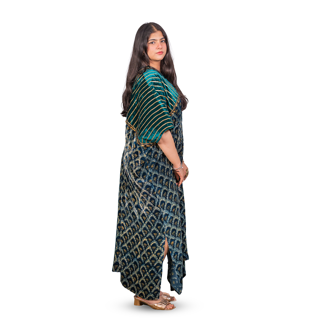 Mermaid Kaftan in Pure Silk Velvet Green Printed