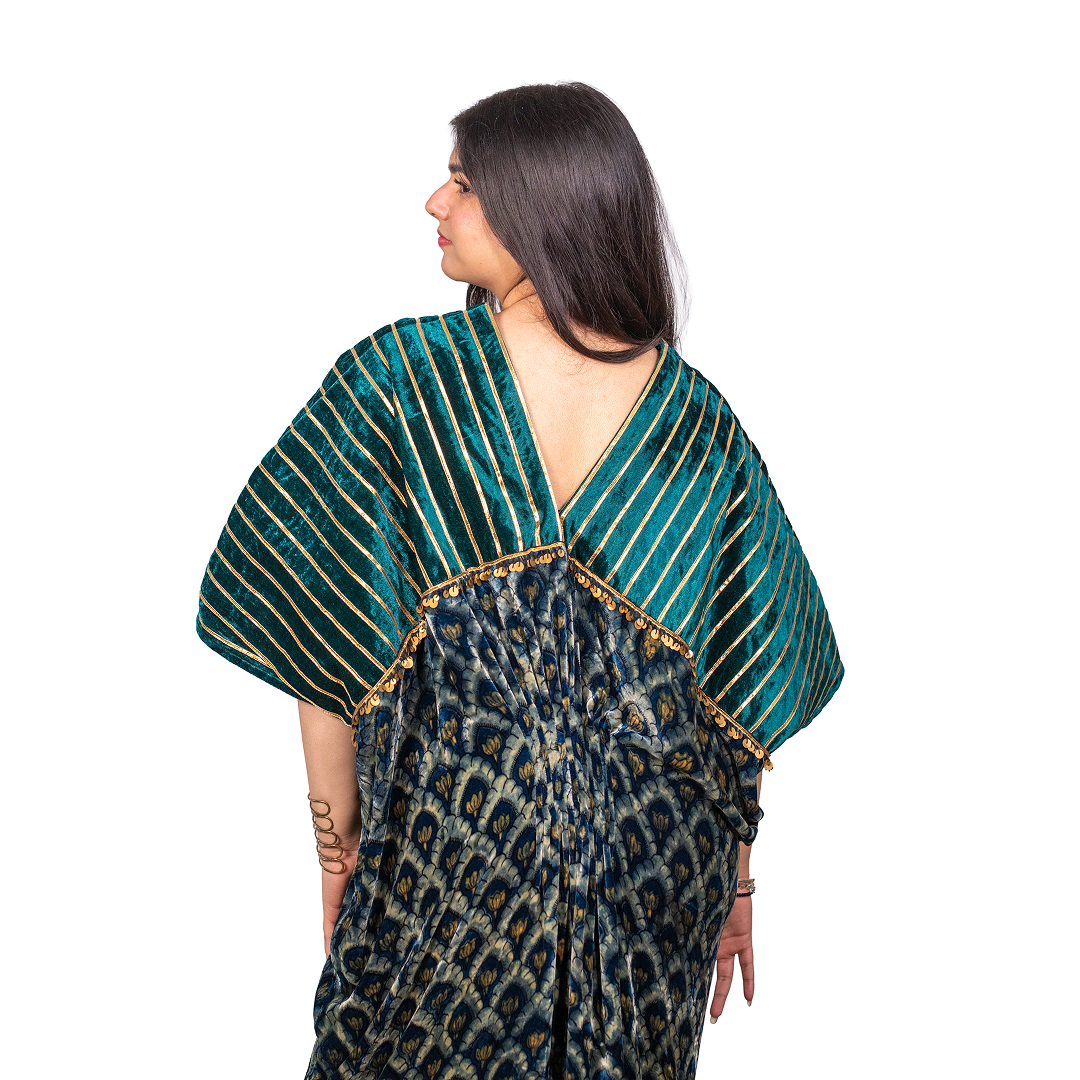Mermaid Kaftan in Pure Silk Velvet Green Printed