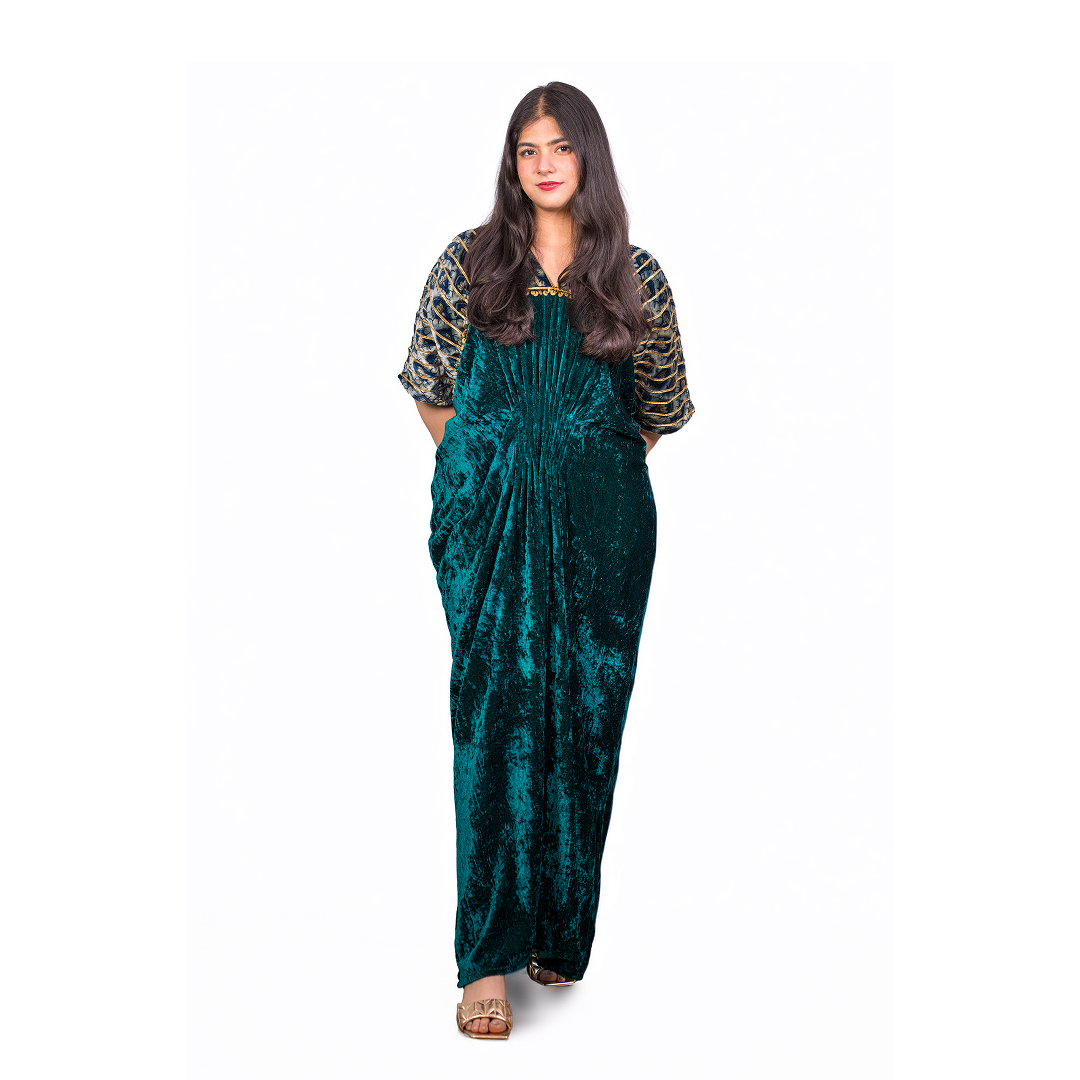 Mermaid Kaftan in Pure Silk Velvet Green