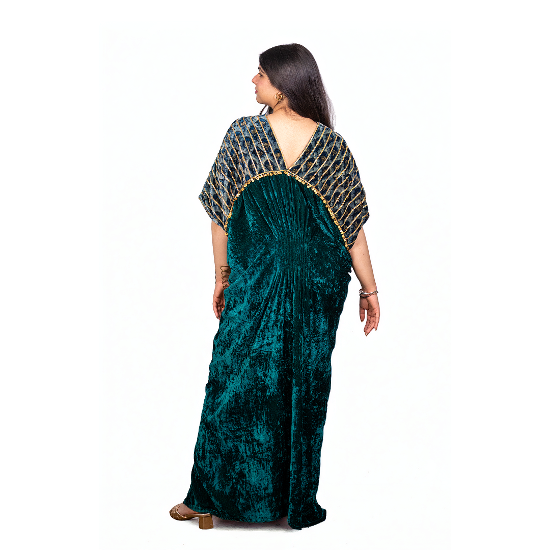 Mermaid Kaftan in Pure Silk Velvet Green