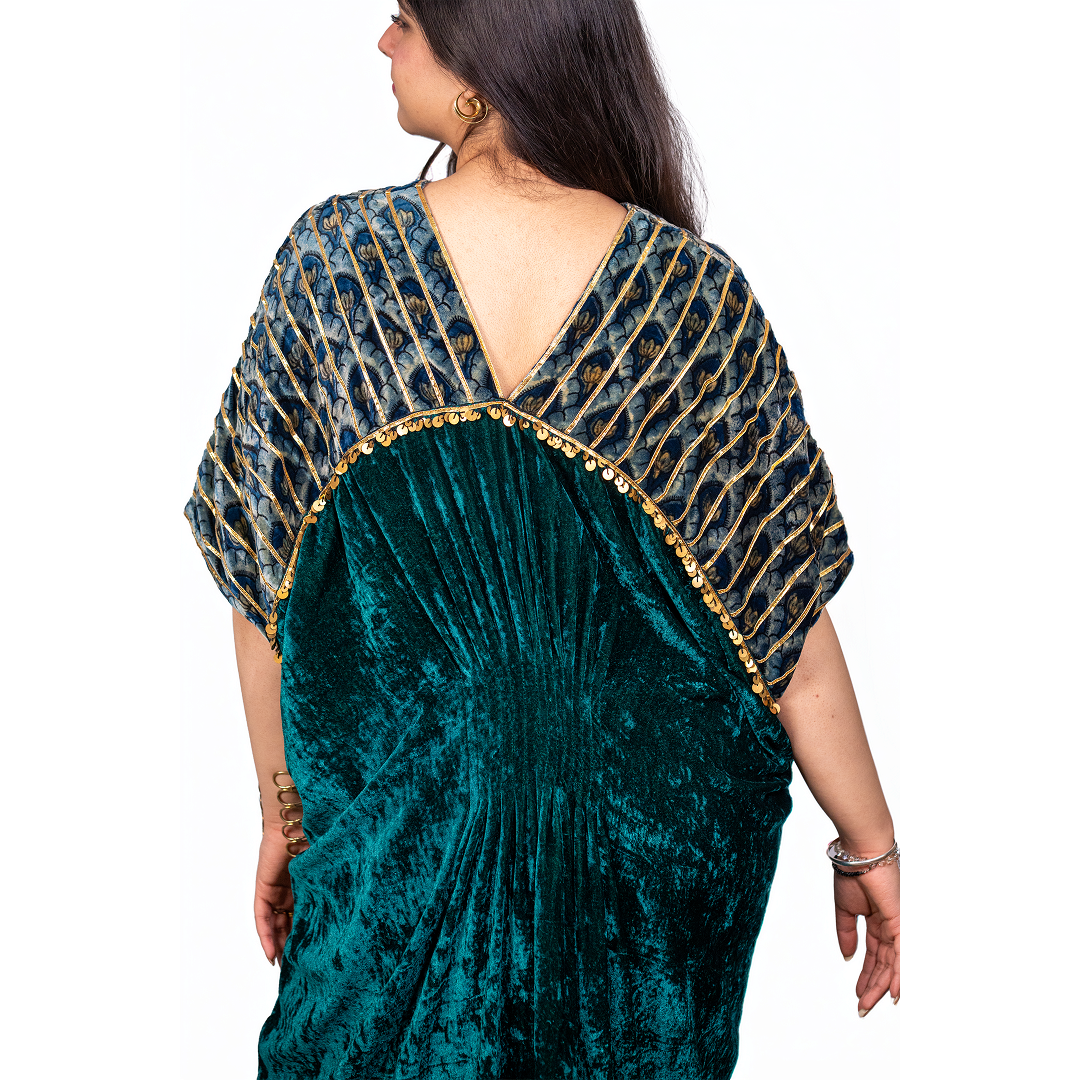 Mermaid Kaftan in Pure Silk Velvet Green